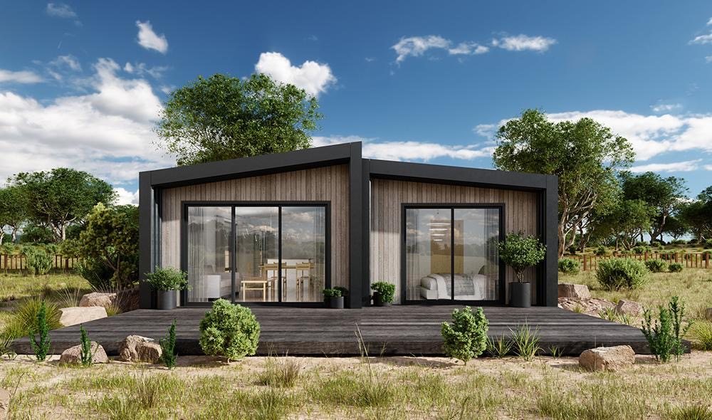 600 sq ft two-bedroom - wide sliding glass onto a low-profile deck
